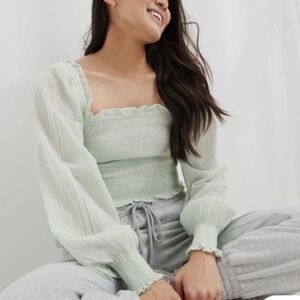 Aerie Smocked Long Puff Sleeve Crop Top Green Size Medium